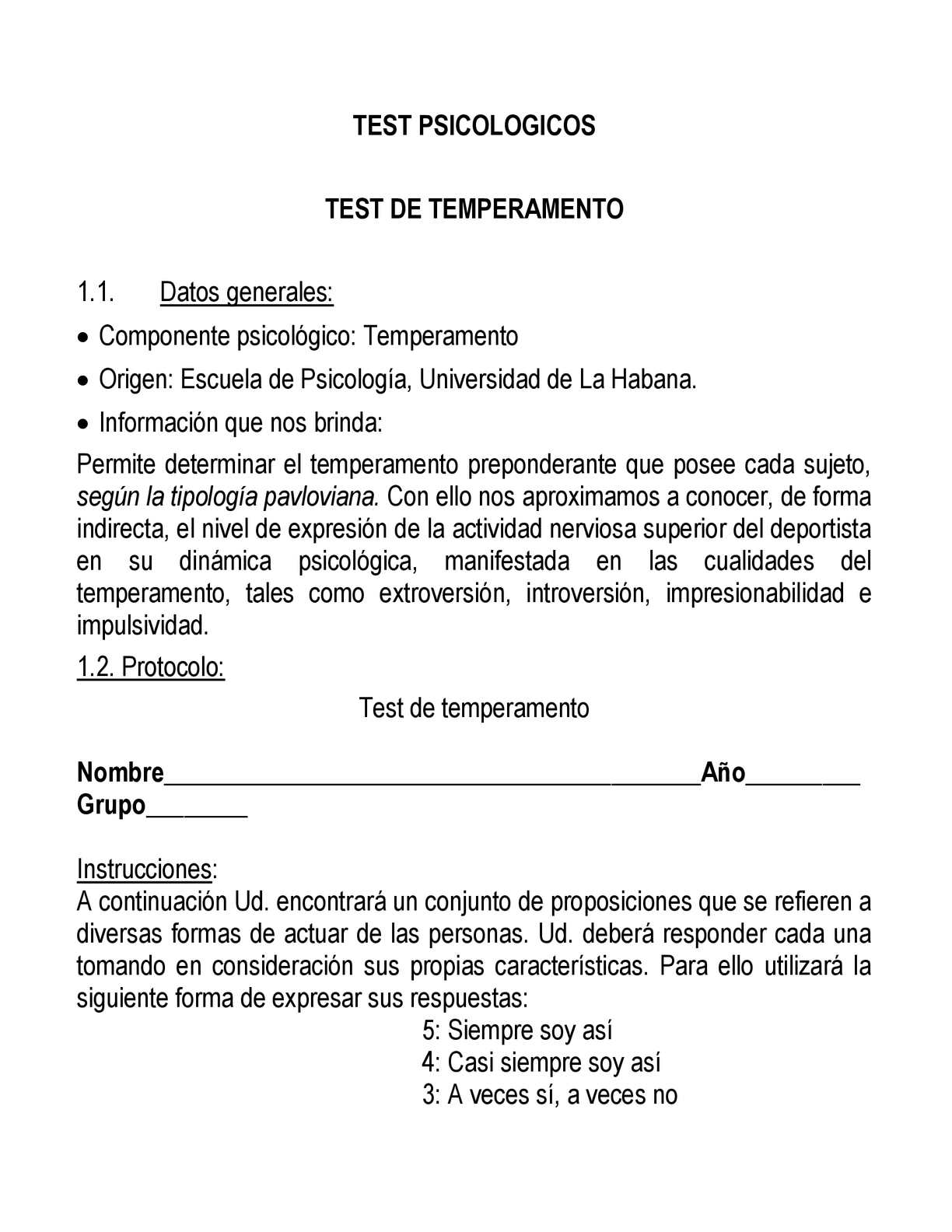 Instrucciones del test psicológico